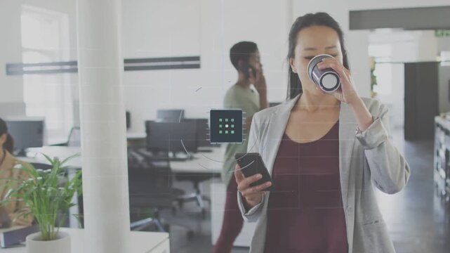 Office woman scrolling phone and sipping coffee, checking dashboard as HUD aligning over phone