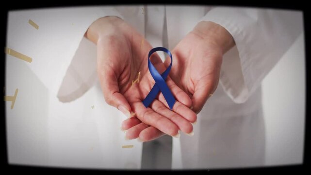 Female clinician holding blue ribbon hand shift initiating golden graphics raising health awareness