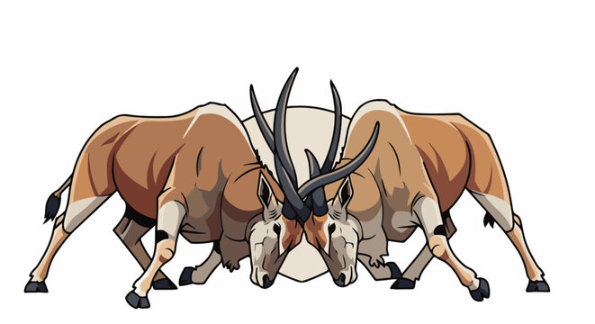 Two large antelope with curved horns clashing heads