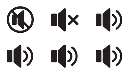 Solid black icons for muted speaker sound level indicators and sound waves on white background. © Md
