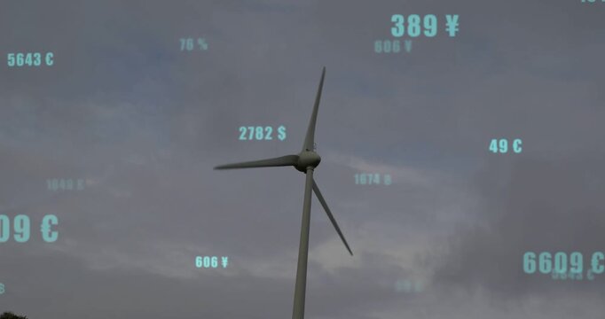 Wind turbine sensing gust, blades turning while cyan metrics floating and changing to show earnings