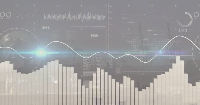 Showing data HUD overlaying hazy city skyline, rising histogram bars, sweeping sine wave, gauges