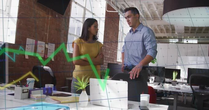 Team at desk, man explaining trends for business review while graph animating over laptop