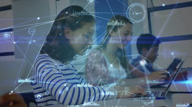 Students typing in class peer leaning and pointing starting laptop teamwork with network aligning