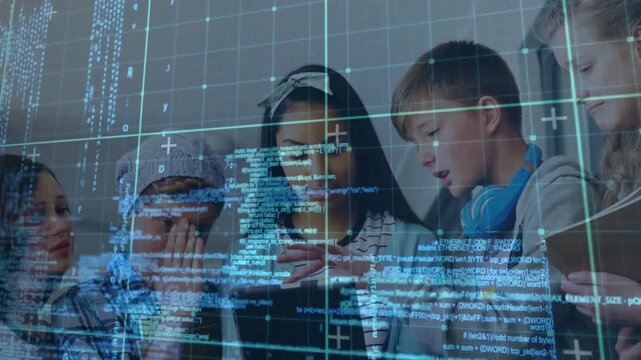 Holding tablet, center teenager explaining coding app to classmates in classroom, with blue overlay