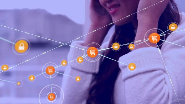 Woman at desk lifting headset, cart icon popping above keys sparking lock icons over face, retail