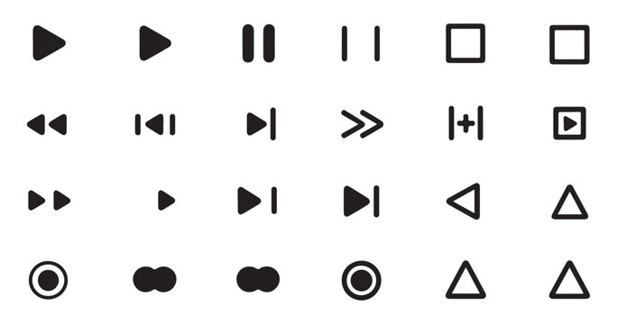 Set of media player icons rewind fast forward play pause stop skip backward forward record square shapes.