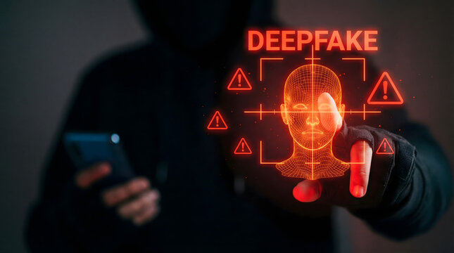 Dark hooded figure interacts with glowing red deepfake interface showing a wireframe human head and warning signs representing artificial intelligence manipulation and digital identity security threat