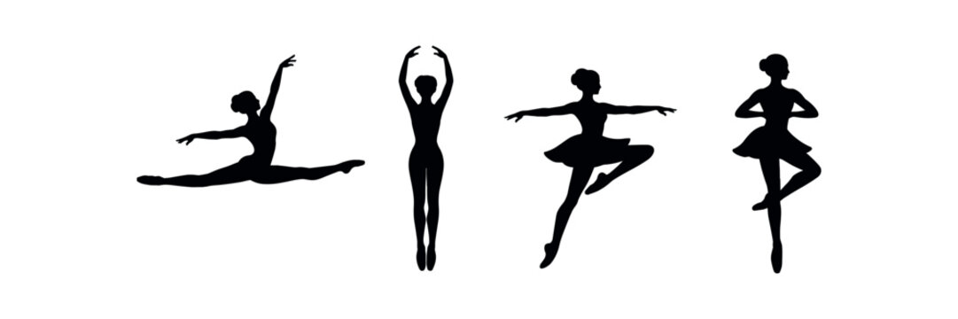 Ballet dancer icon set. grand jet&eacute;, en pointe, arabesque, pirouette, classical dance positions. flat vector illustration.