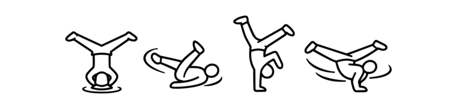 Breakdance outline icon set. b-boy freezes, handstand, floorwork, power move line art. line and flat vector icon set.