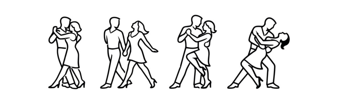 Dancing couple icon set. couple, partners, tango, ballroom, salsa, waltz, embrace, pose, choreography. line and flat vector icon set.