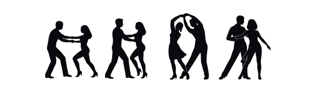 Dancing couple silhouette icon set. romantic dance, partners, movement, pose, tango, waltz. flat vector illustration.