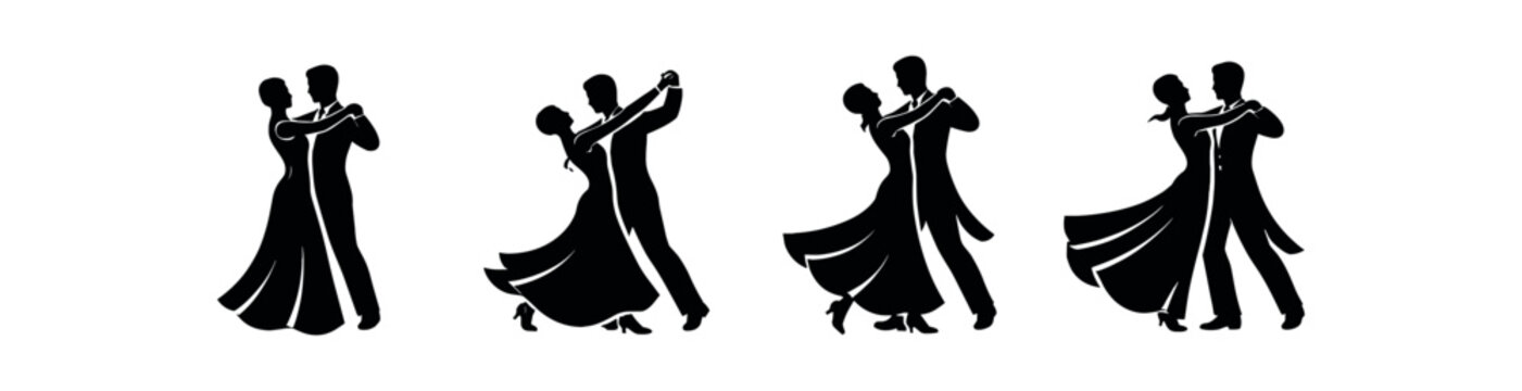 Elegant ballroom dancers icon set. waltz couple, flowing dress, formal dance, partner movement, ballroom. flat vector illustration.
