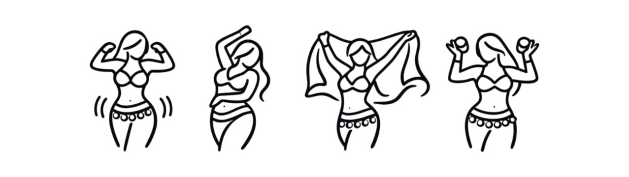 Belly dancer icon set. belly dance, oriental dancer, hula, hip scarf, woman dancing, exotic dance. line and flat vector illustration.