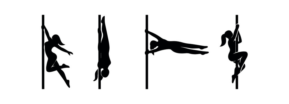 Pole dance silhouette icon set. female pole fitness, tricks, spins and holds, aerial strength and performance. flat vector illustration.