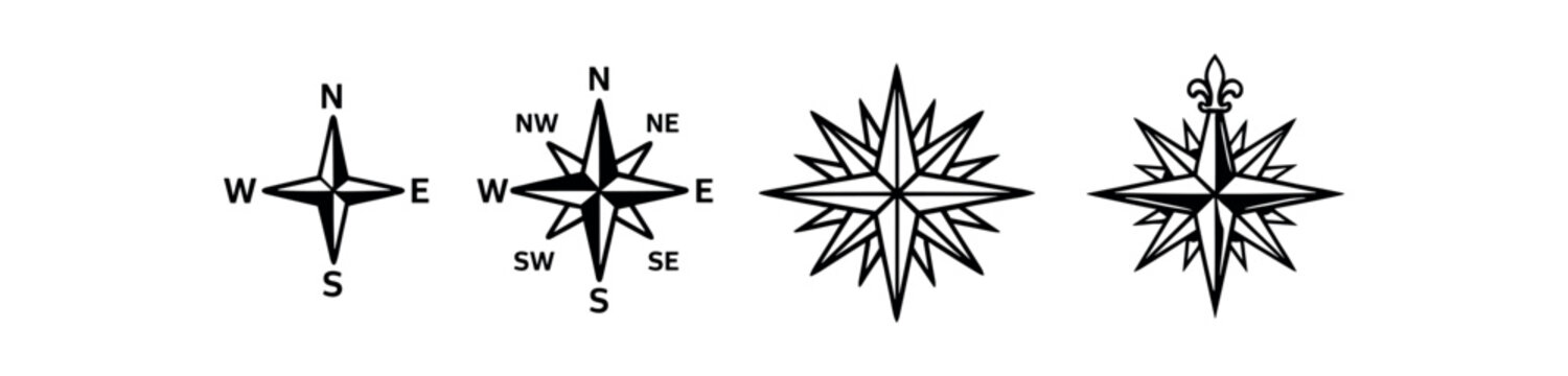 Compass rose icon set with direction letters. navigation, north, directions, wayfinding, orientation, marine, travel. line, flat and colored vector icon set.