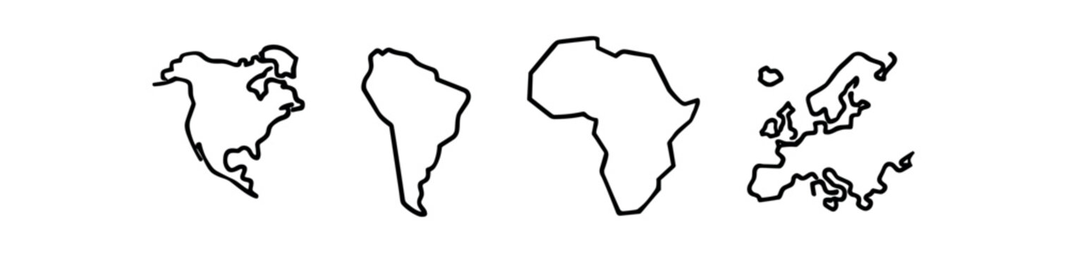 Continents map icon set. north america, south america, africa, europe map outlines, geography and travel. line, flat and colored vector icon set.