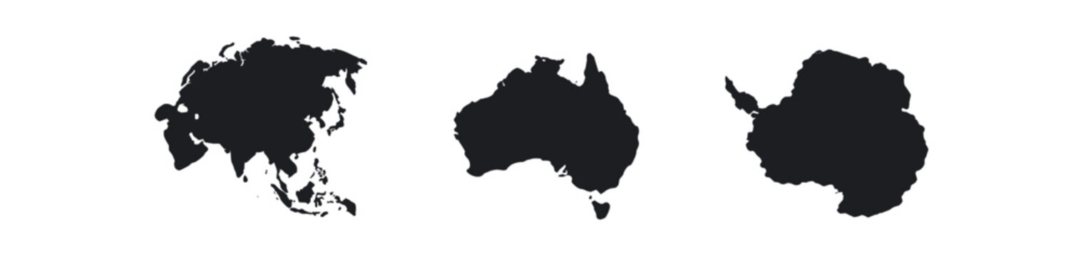 Continent silhouettes icon set. asia, australia, antarctica, solid map shapes, geography and travel symbols. flat vector illustration.