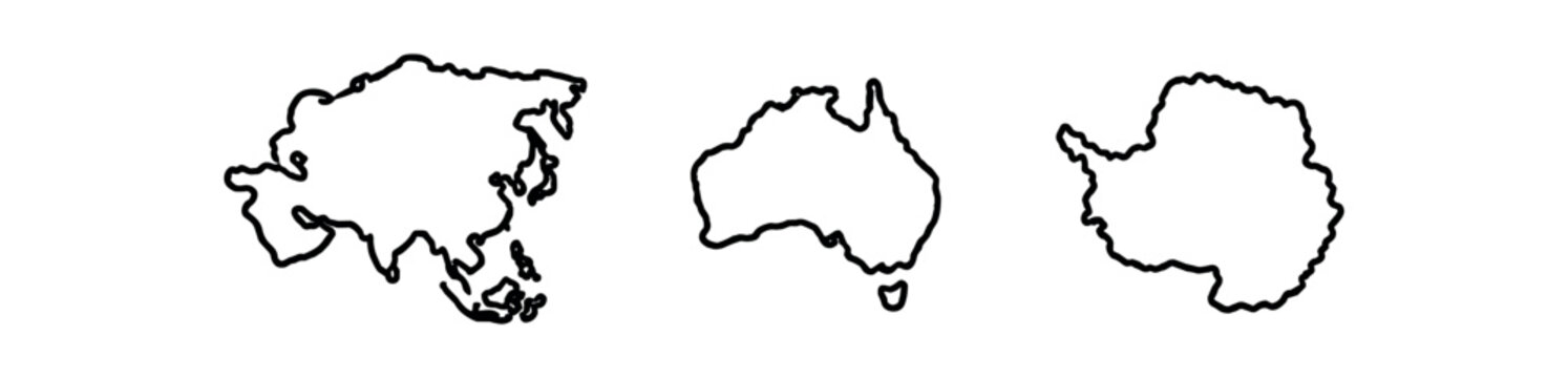 Outlined continent icons set. asia, australia, antarctica, map borders, geography, contour lines. line and flat vector illustration.