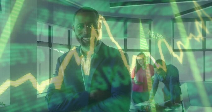 Vertical video: Standing exec in suit shifting smile, nodding at sweeping market overlay in office