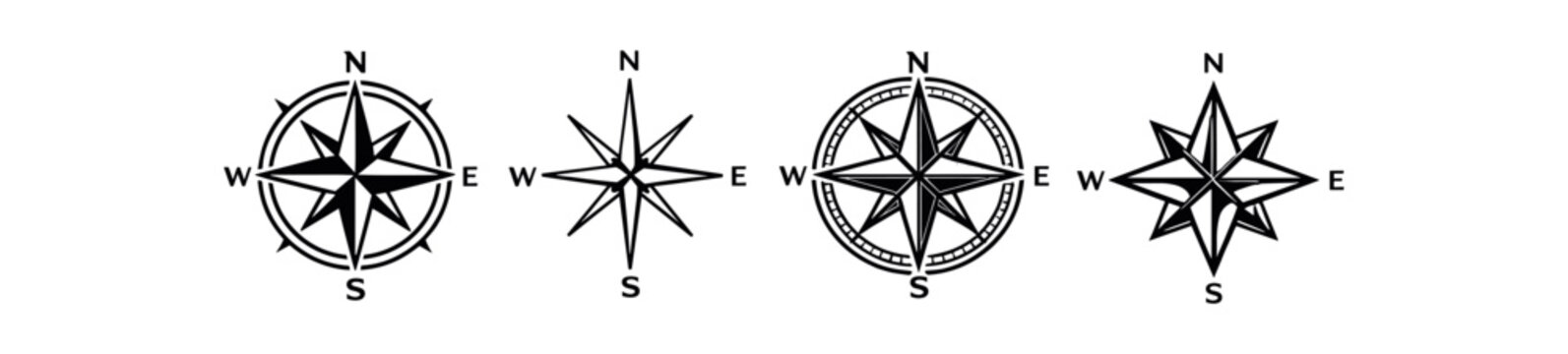 Classic compass rose icon set. round and star variants with n e s w markers, nautical navigation emblems. line, flat and colored vector icon set.