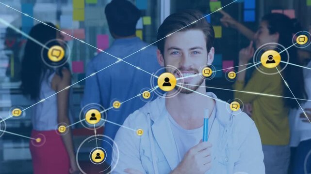 Man holding blue marker, user icon pulsing, spawning nodes linking to business team on glass wall