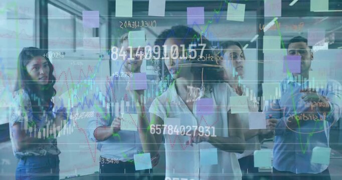 Team lead lowering phone, moving post-its on glass while finance charts overlaying team planning