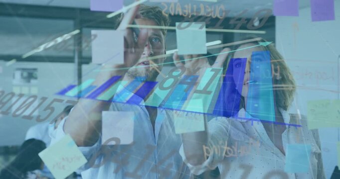 Woman shifting sticky note on glass man pointing creating biz planning chart overlay syncing hands