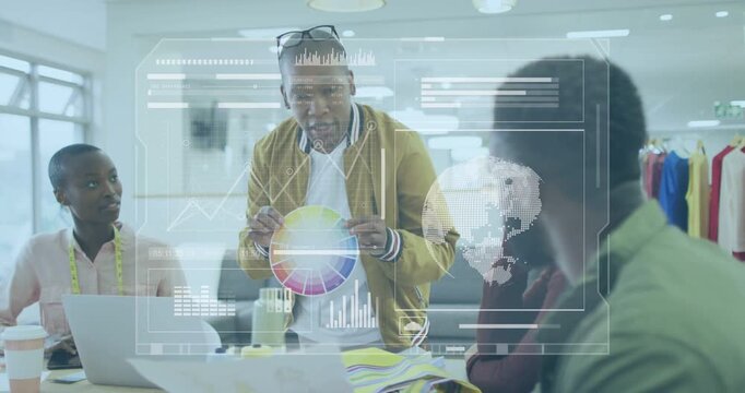 Lead designer rotating color wheel, raising it toward team, generating overlay charts for fashion