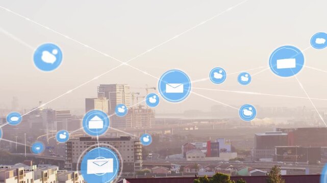 Large blue envelope appearing over skyline, icons multiplying and forming tech data network overlay