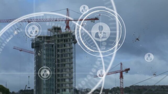 Circular overlay appearing, HUD rings expanding and rotating over tower cranes, visualizing network