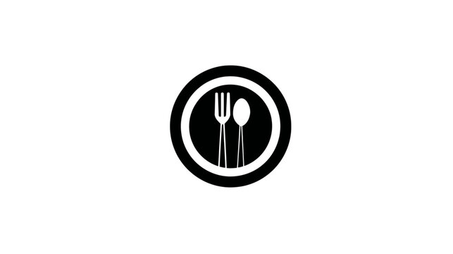 Black and white food icon with fork and spoon in a circle, minimalist dining symbol for restaurant, cafe, and meal service design.