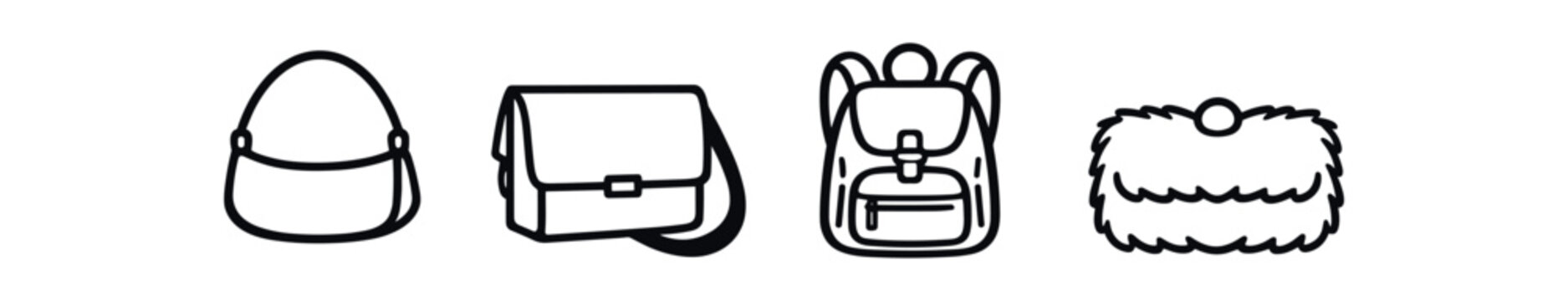 Bag icon set. purse, shoulder bag, satchel, backpack, fur clutch. line and flat vector illustration.