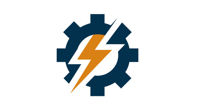 Electrical Engineering and Mechanical Power Icon. Blue Gear with Orange Lightning Bolt Symbolizing Energy, Technology, and Service.
