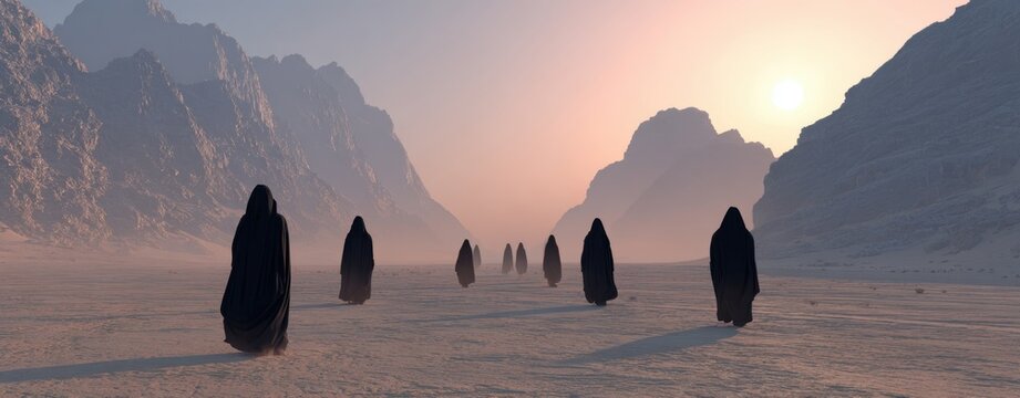 Group of people in flowing black robes walking across a vast, arid desert landscape during sunset
