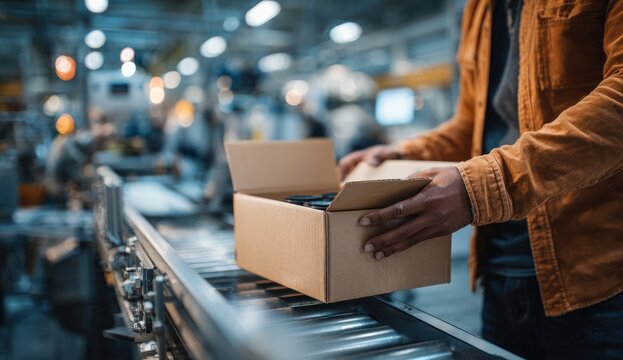 Hands opening a plain cardboard shipping box on a production line in a warehouse environment