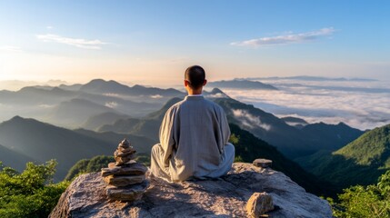 Fototapeta premium Serene Monk Meditating at Sunrise Over Calm Sea and Mountain Landscape