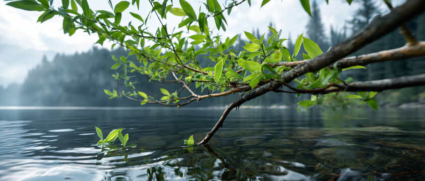 Lakeside Serenity A tranquil panorama unfolds as delicate green leaves gently dip into the pristine lake water. This image captures the serenity of nature's beauty, with the soft.