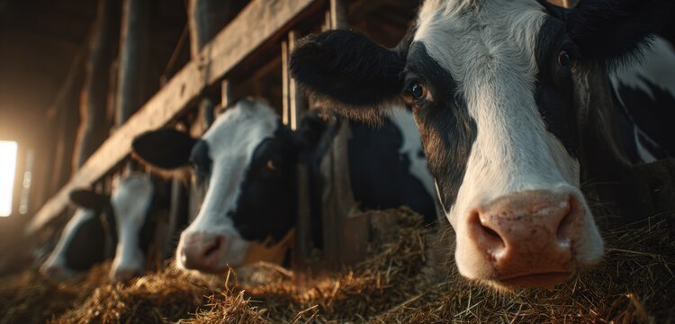 Holstein cows eating hay in a barn, showing black and white dairy cattle with textured fur and widespread nostrils, in a rustic farm setting