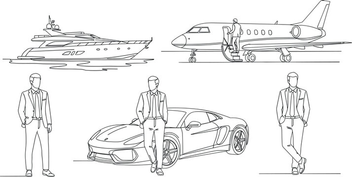 Luxury lifestyle line art set with businessman yacht private jet sports car and success concept vector illustration