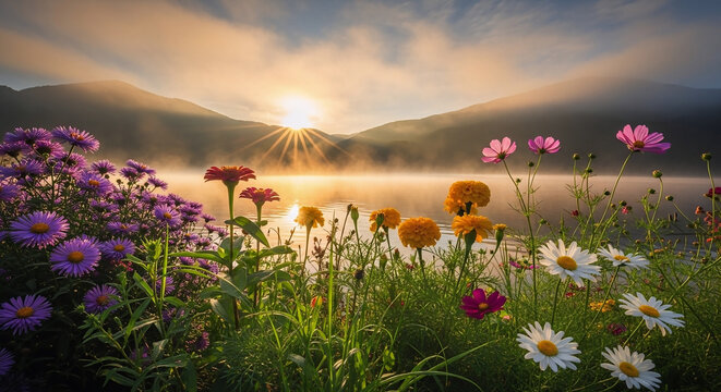 Pemandangan indah matahari terbit dari balik gunung dengan berbagai bunga di tepi danau