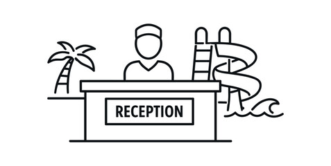Naklejka premium Resort reception desk icon. receptionist counter, hotel check-in, vacation, palm tree, water slide. line and flat vector illustration.