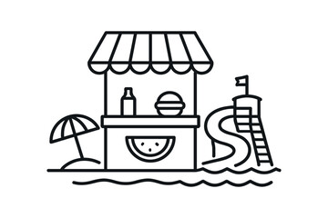 Naklejka premium Beach snack kiosk icon. snack stand, refreshment, watermelon, burger, drink, umbrella, waterslide. line and flat vector illustration.