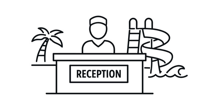 Resort reception desk icon. receptionist counter, hotel check-in, vacation, palm tree, water slide. line and flat vector illustration.