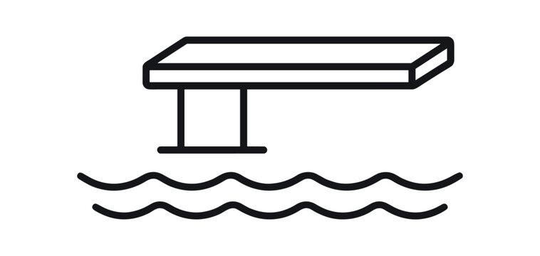 Diving board icon above water. pool board, springboard platform, jumping board, swimming, aquatic recreation. flat vector illustration isolated on white background.