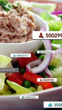 Vertical video: Salad bowl revealing tuna while cursor hovering and raising social media counts