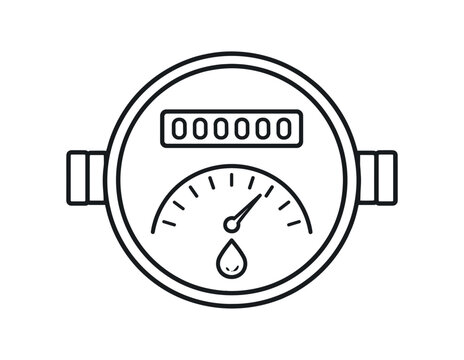 Water meter icon. flow gauge, meter reading, utility, consumption, plumbing, water drop. line and flat vector illustration.