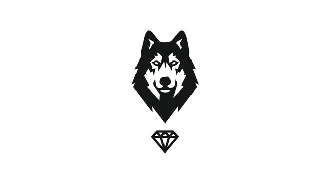 Powerful, minimalist black wolf head graphic combined with a diamond symbol. Modern geometric vector design for logos and emblems.