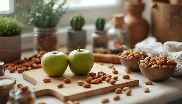 A kitchen table with two green apples and bowls of almonds on it