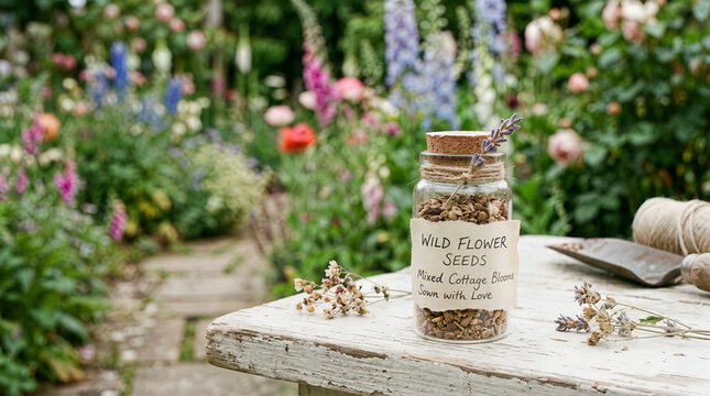 Glass jar of wild flower seeds on rustic table in blooming cottage garden